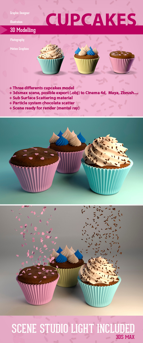 3 cupcakes 3d models - 3DOcean Item for Sale