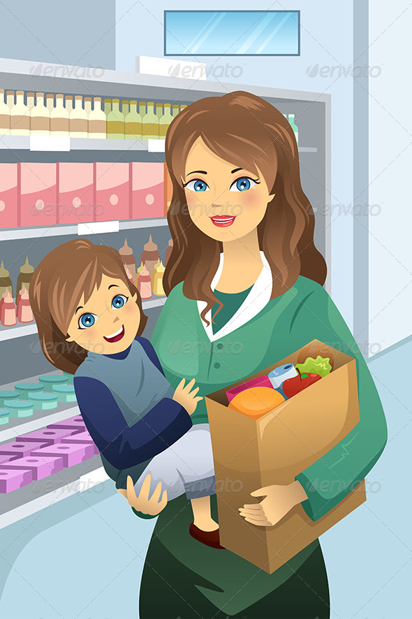 Mother Carrying Child and Groceries Mother Carrying Child and Groceries