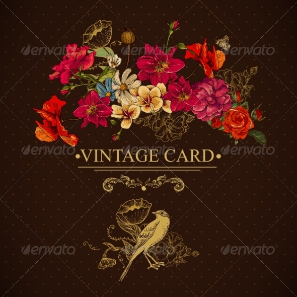 Vintage Floral Card with Birds and Butterflies Vintage Floral Card with Birds and Butterflies