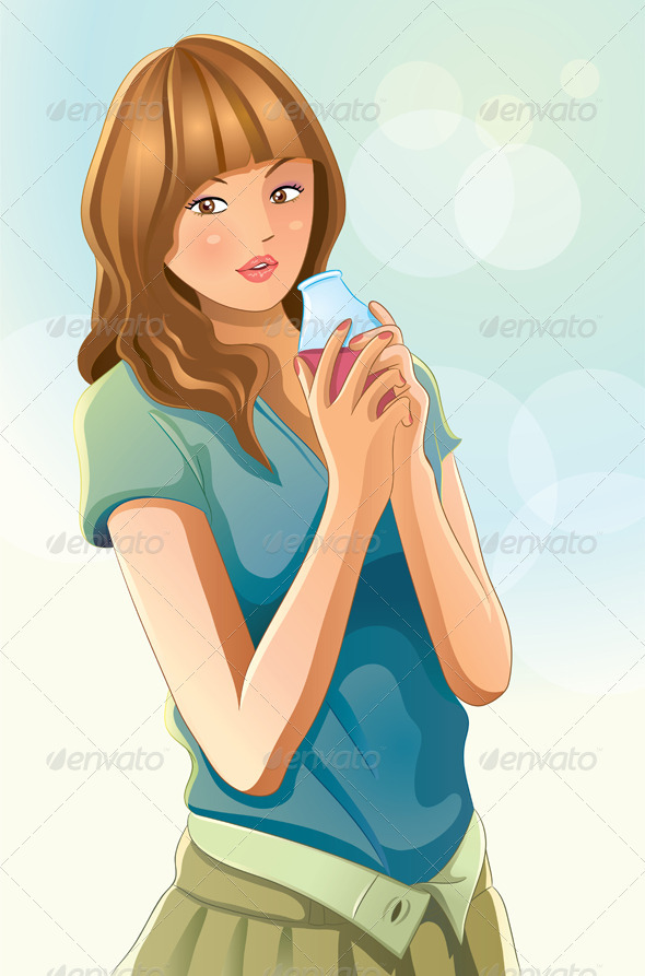 Cute Girl Drinking Juice - People Characters