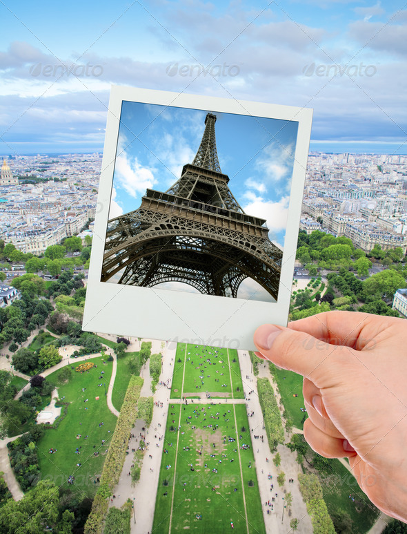 Polaroid frame of Eiffel tower over The Champ de Mars of Paris