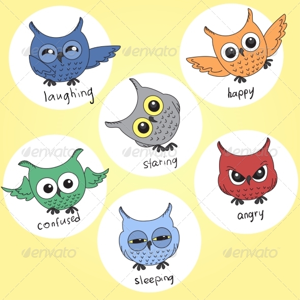 Cartoon Owls in Different Moods Cartoon Owls in Different Moods