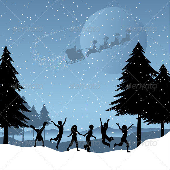 Children playing with santa in the sky Children playing with santa in the sky