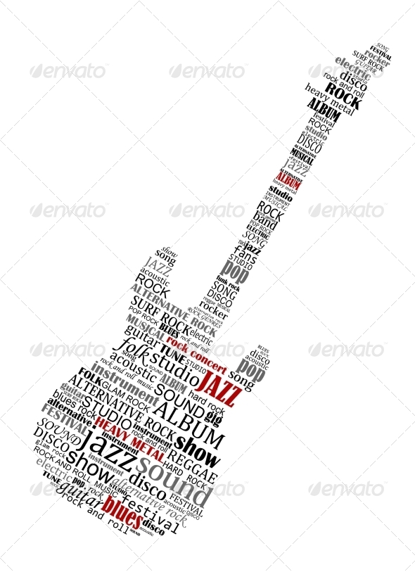 Electric Guitar Shape Composed of Music Text Electric Guitar Shape Composed of Music Text