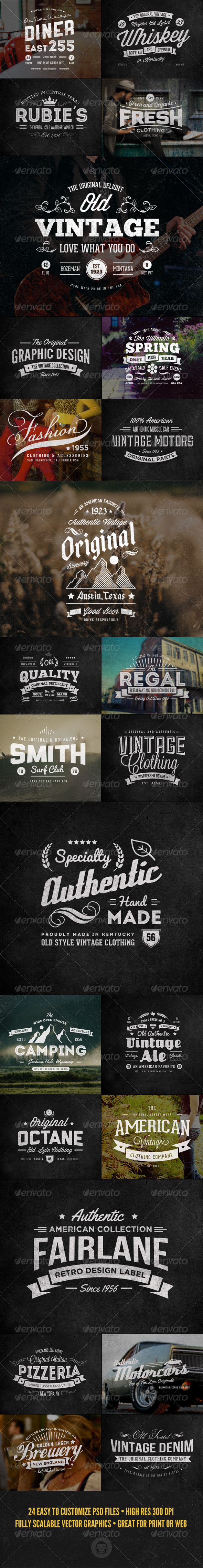 24 Vintage Labels and Logos Bundle - Badges & Stickers Web Elements