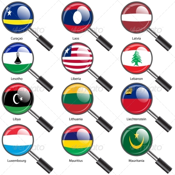 Set  Flags of World Sovereign States Magnifying Glass