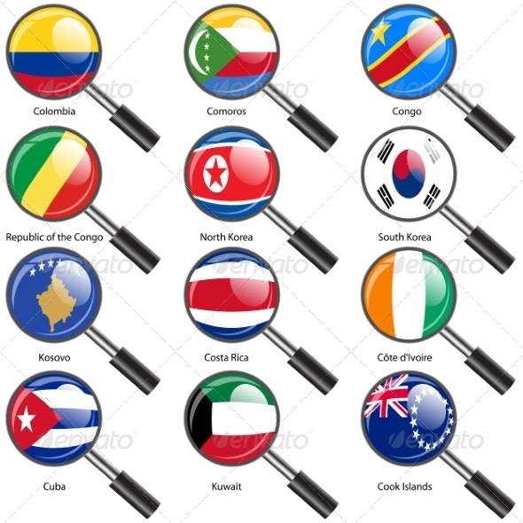 Set  Flags of World Sovereign States Magnifying Glass