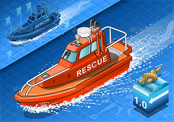 Isometric Rescue Boat in Navigation in Front View Isometric Rescue Boat in Navigation in Front View