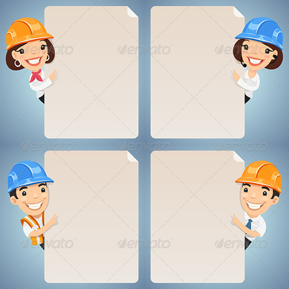 Foremen Cartoon Characters Looking at Blank Poster Foremen Cartoon Characters Looking at Blank Poster