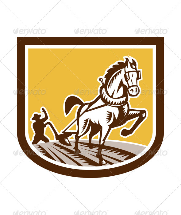 Farmer and Horse Plow Farm Crest Woodcut Retro Farmer and Horse Plow Farm Crest Woodcut Retro
