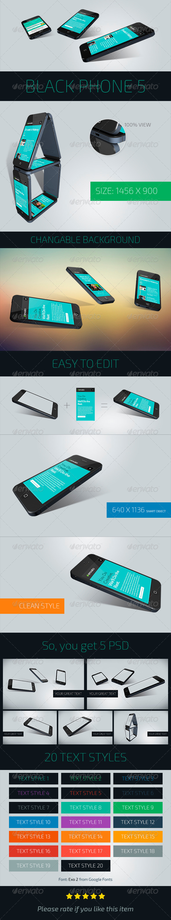 Black Phone 5 Perspective View Mockup - 5 PSD