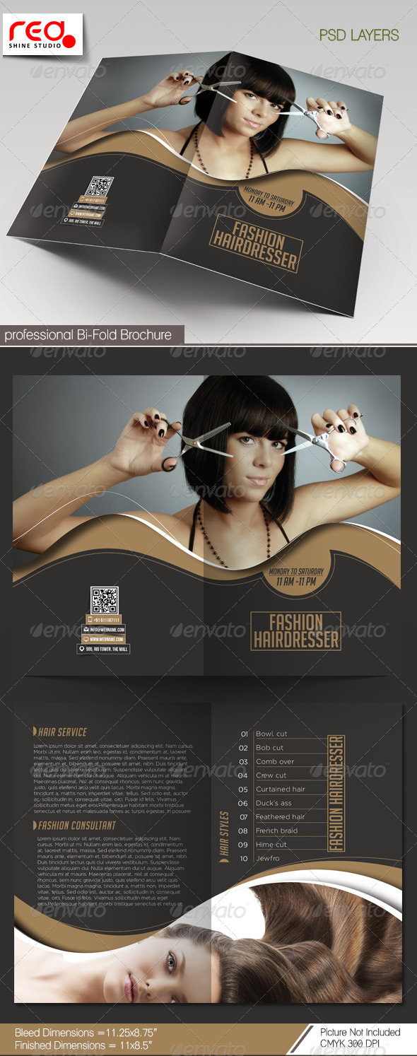 Fashion Hairdresser Bi-fold Brochure Template - Catalogs Brochures