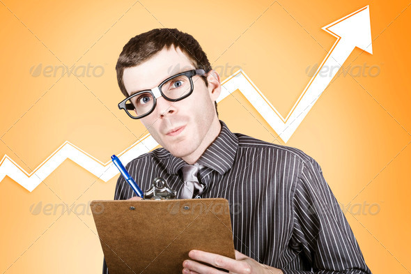 Nerd stock market analyst writing finance report