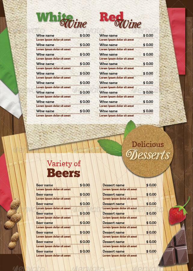 A4 Rustic Table Mats Menu Restaurant Pack by good_chemistry