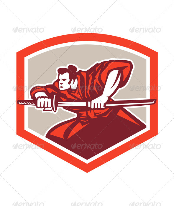 Samurai Warrior Drawing Katana Sword Shield Samurai Warrior Drawing Katana Sword Shield