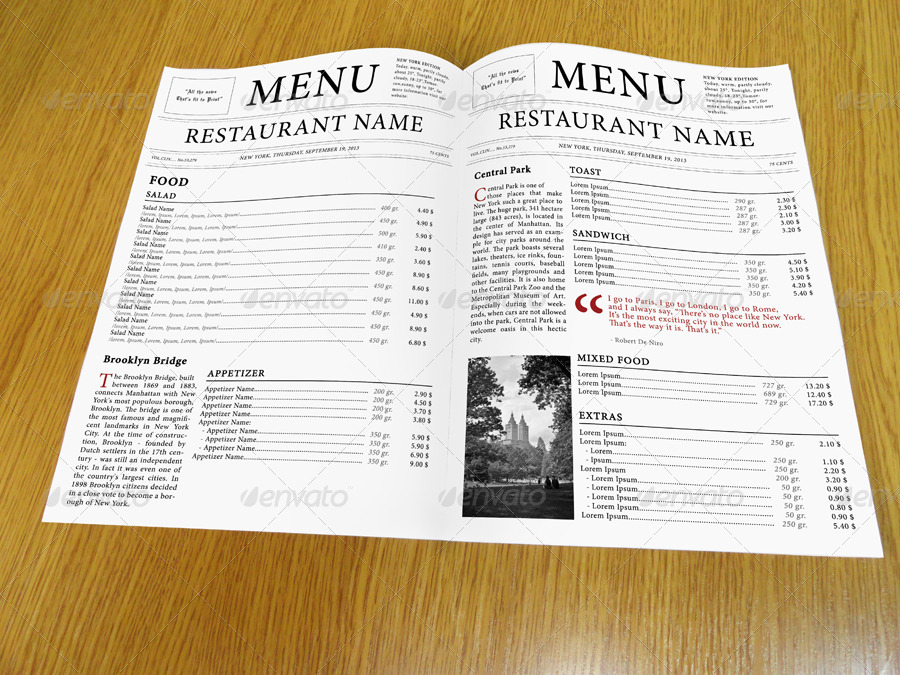 restaurant menu newspaper style  rinew studio