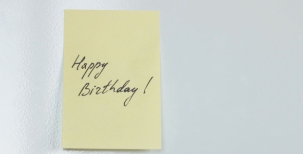 Happy Birthday Yellow Note on Fridge Door Happy Birthday Yellow Note on Fridge Door