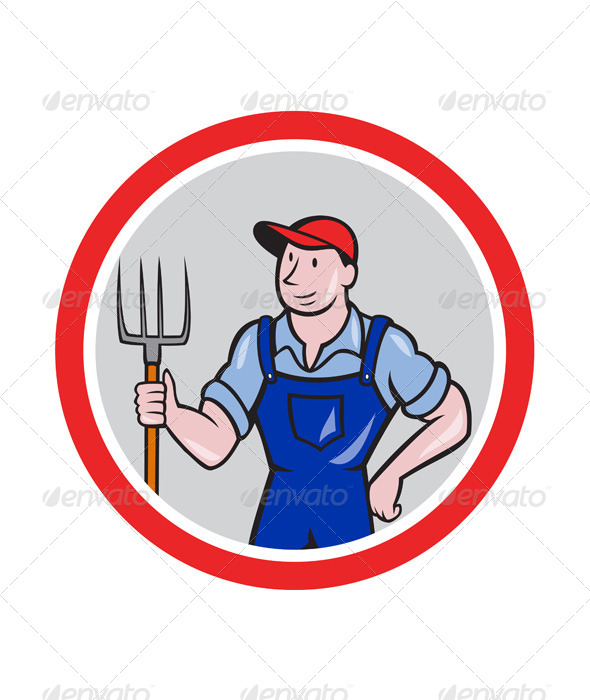 Farmer Holding Pitchfork Circle Cartoon Farmer Holding Pitchfork Circle Cartoon