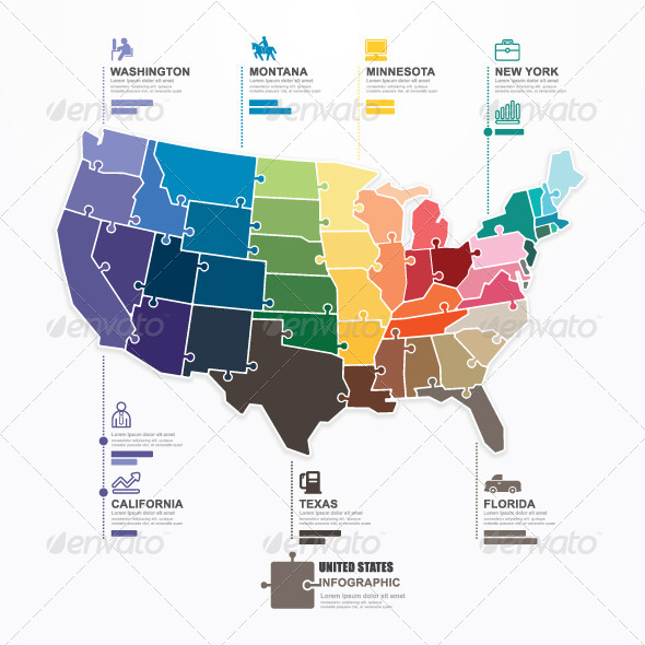 US Map Infographic Template Jigsaw Concept