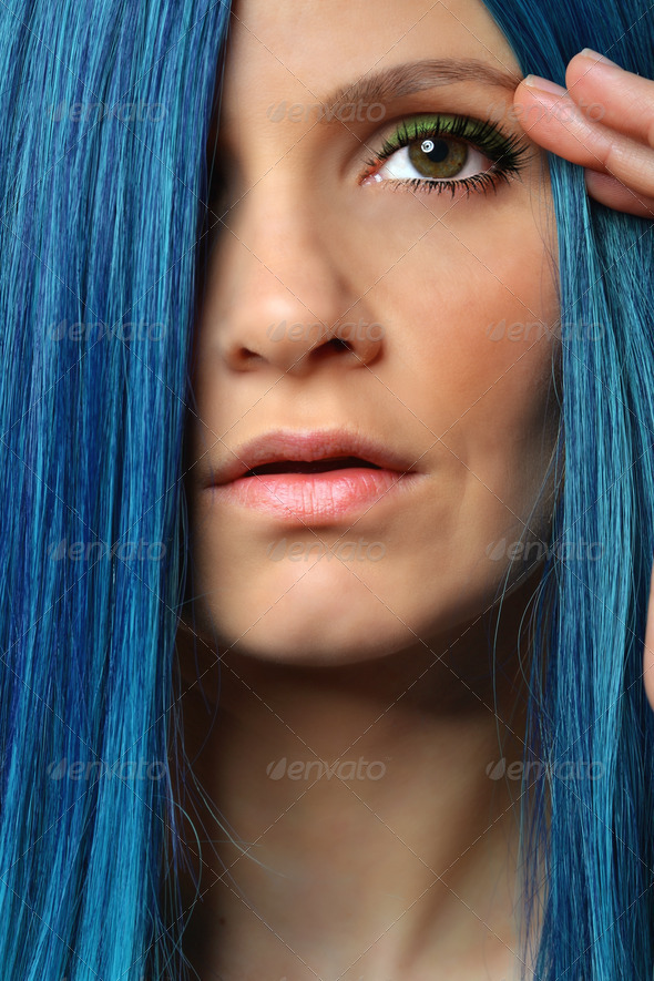 young beautiful woman with blue hair