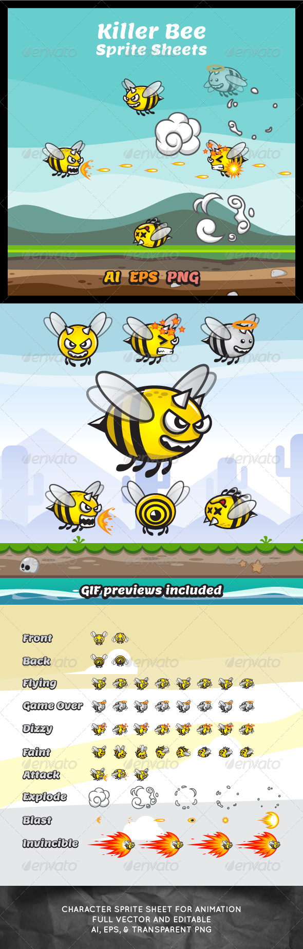 Killer Bee Game Character Sprite Sheets - Animals Characters