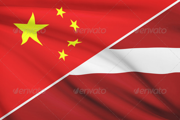 Series of ruffled flags. China and Republic of Latvia.