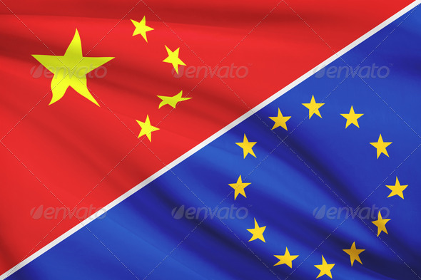 Series of ruffled flags. China and European Union.