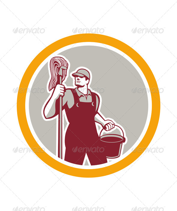 Janitor Holding Mop and Bucket in Circle Janitor Holding Mop and Bucket in Circle