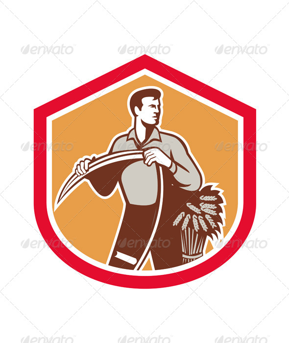 Organic Farmer Holding Scythe Wheat Shield Organic Farmer Holding Scythe Wheat Shield