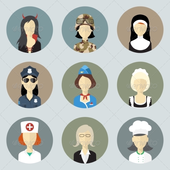 Colorful Women in Uniform Circle Icons Set Colorful Women in Uniform Circle Icons Set