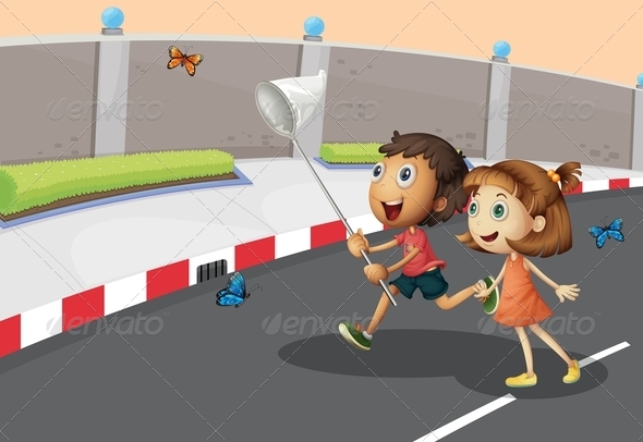 Kids catching butterflies on the street Kids catching butterflies on the street