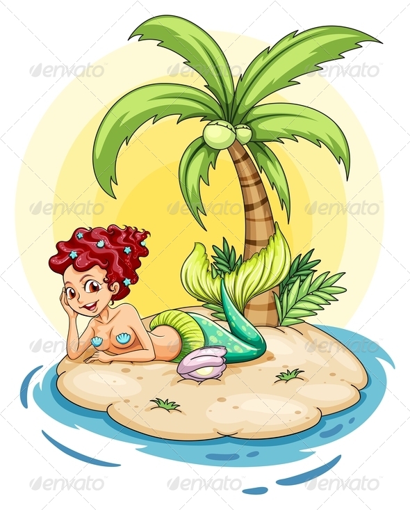 Smiling mermaid on an island