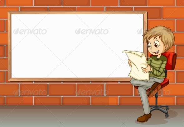 Businessman reading beside empty board Businessman reading beside empty board