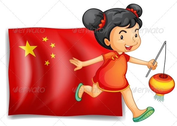 Chinese Girl with Lamp and Flag