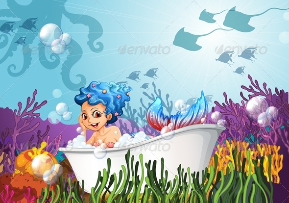 Bathtub under the sea with a mermaid