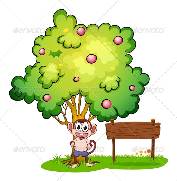 Monkey under tree with empty wooden sign Monkey under tree with empty wooden sign