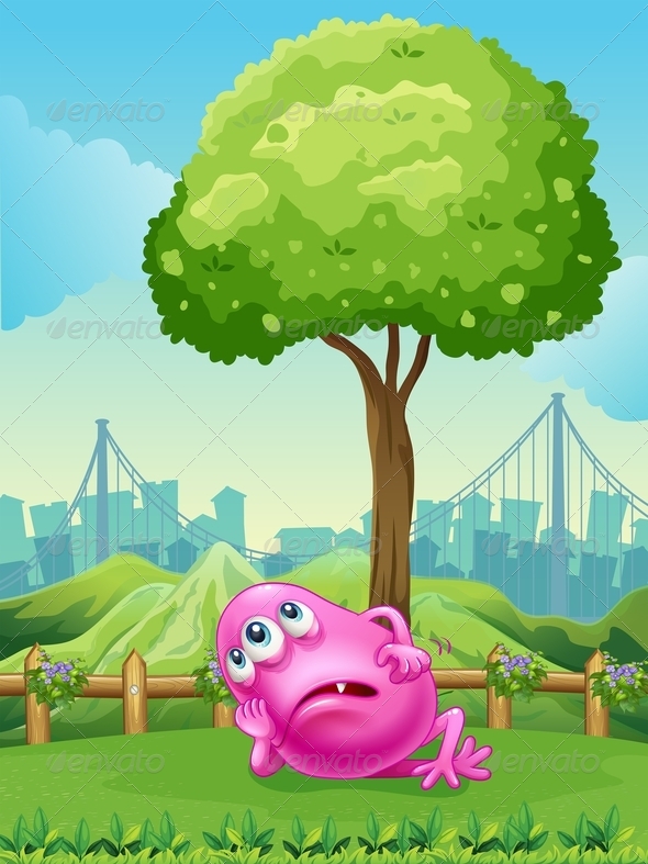Tired pink monster under tree Tired pink monster under tree