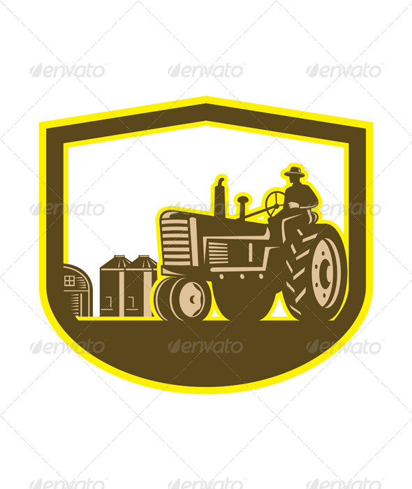 Farmer Driving Tractor Plowing Farm Retro Shield Farmer Driving Tractor Plowing Farm Retro Shield