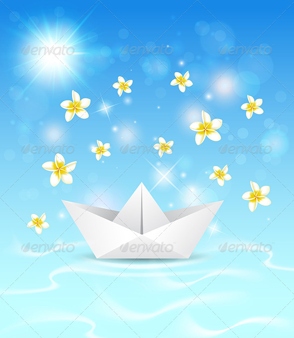 Background with Paper Boat and Flowers Background with Paper Boat and Flowers