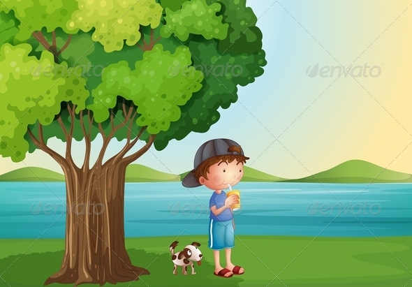 Boy and Dog Under a Tree