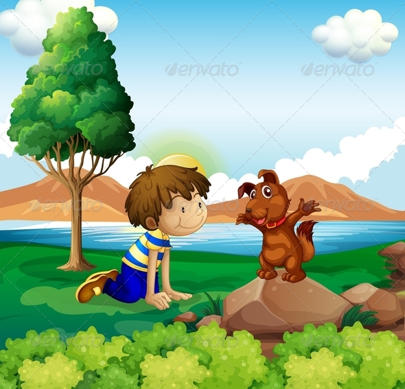 Young Boy and His Pet Near the Lake