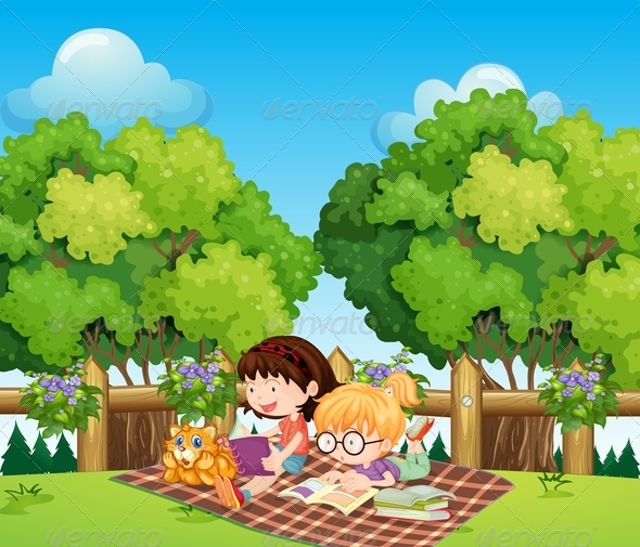 Kids Studying Outdoor with a Cat Kids Studying Outdoor with a Cat