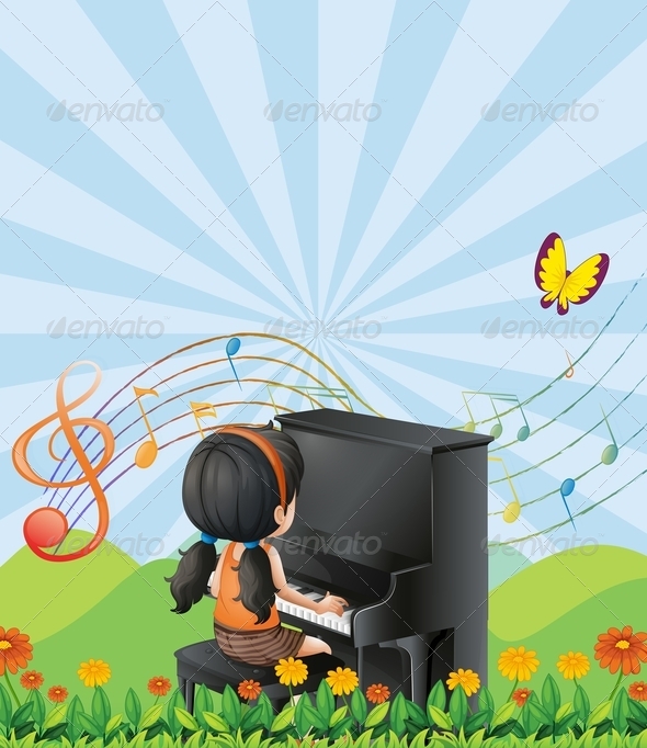 A Girl Playing with the Piano at the Hills A Girl Playing with the Piano at the Hills
