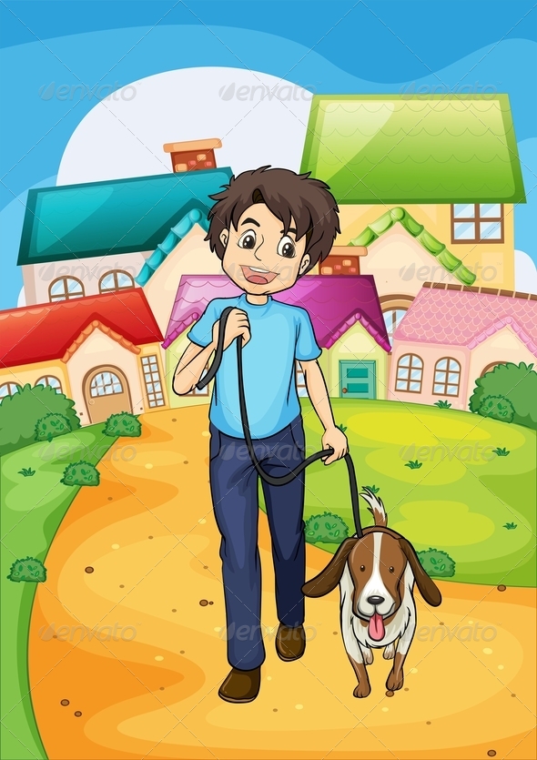 Happy Young Boy Walking with His Pet