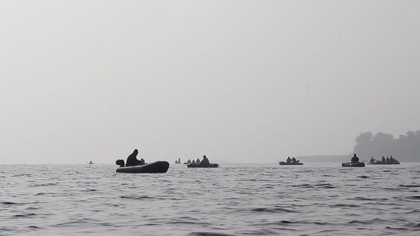 Fishermen On a Boat In Fog Fishing Fishermen On a Boat In Fog Fishing