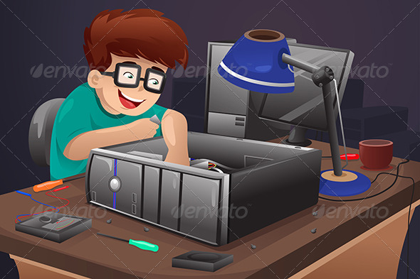 Geek Repairing a Computer Geek Repairing a Computer