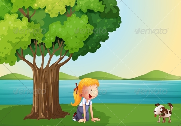 Young Girl and Her Pet Near the Tree