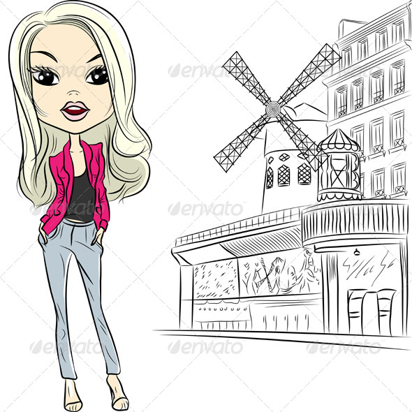 Vector Fashion Girl near Moulin Rouge Paris Vector Fashion Girl near Moulin Rouge Paris