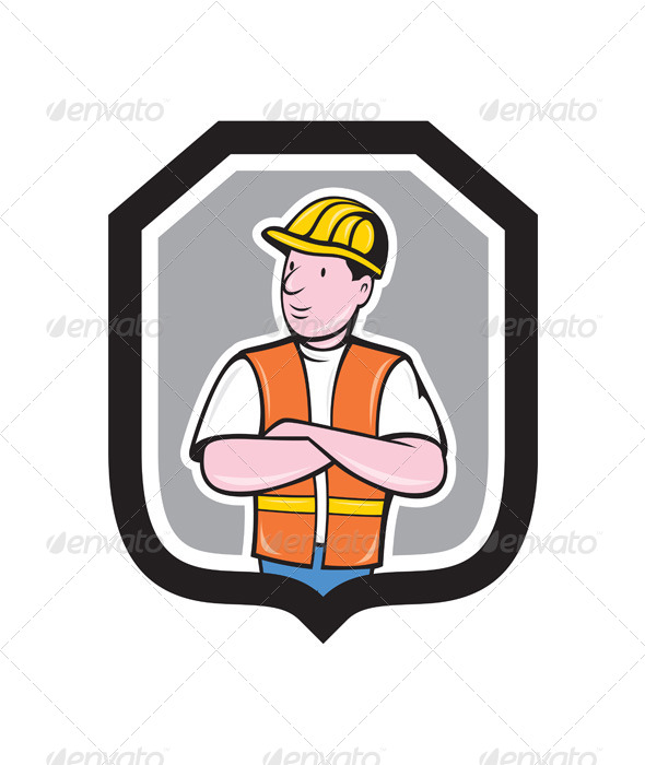 Construction Worker Arms Crossed Shield Cartoon Construction Worker Arms Crossed Shield Cartoon
