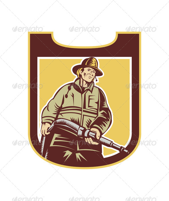 Fireman Firefighter Aiming Fire Hose Shield Retro Fireman Firefighter Aiming Fire Hose Shield Retro